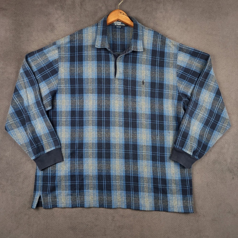 Vintage Polo Ralph Lauren Rugby Shirt Mens XXL Blue Plaid Cotton Long Sleeve
